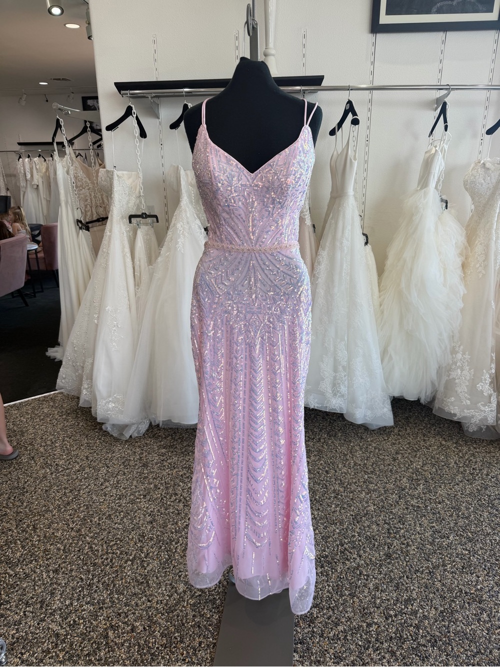 Clarisse Pink Sequin Spaghetti-Strap Prom Gown